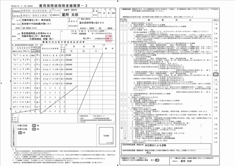 記入例：雇用保険被保険者離職票－２